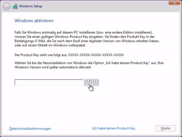 Windows 10 installieren - Product Key eingeben