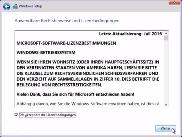 Windows 10 installieren - Lizenzbestimmungen