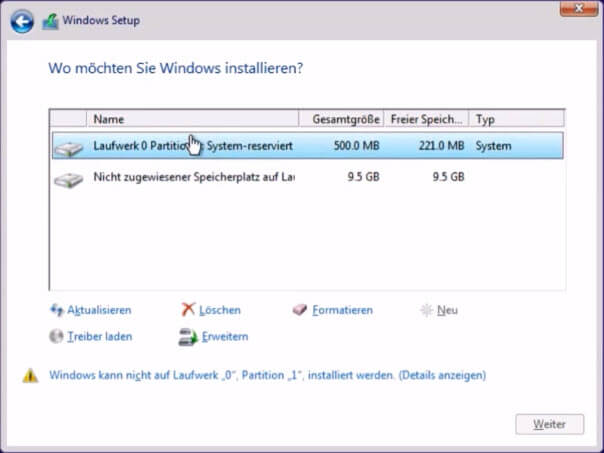 Windows 10 installieren - Patitionen löschen