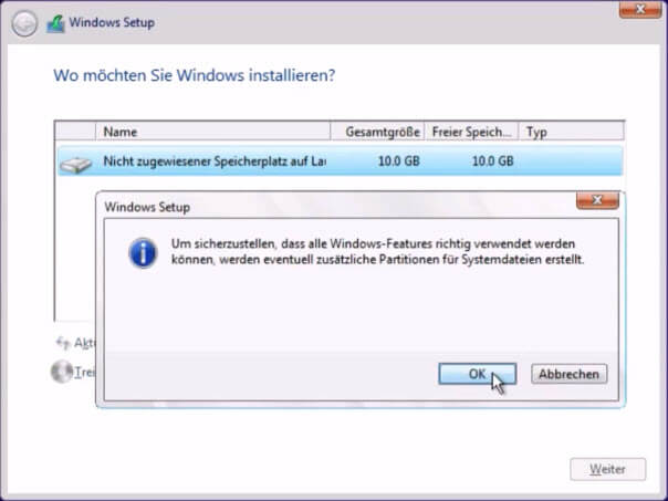 Windows 10 installieren - Neue Patition