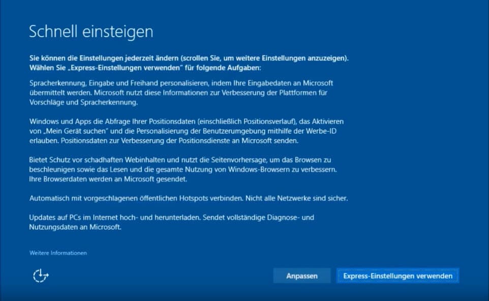 Windows 10 installieren - Express einstellungen