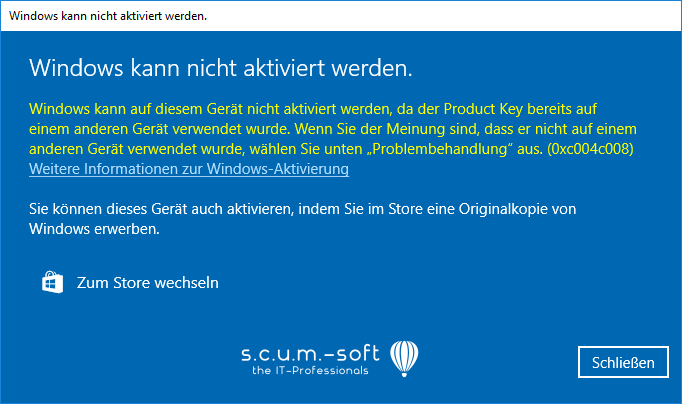 Fehlercode 0xc004c008 bei Windows aktivierung