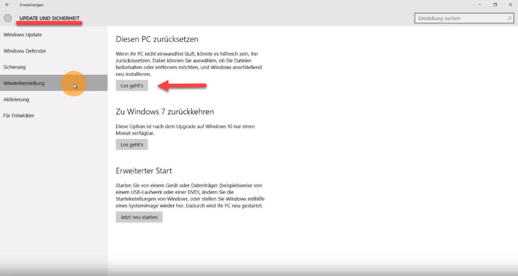 Windows 10 zurücksetzen
